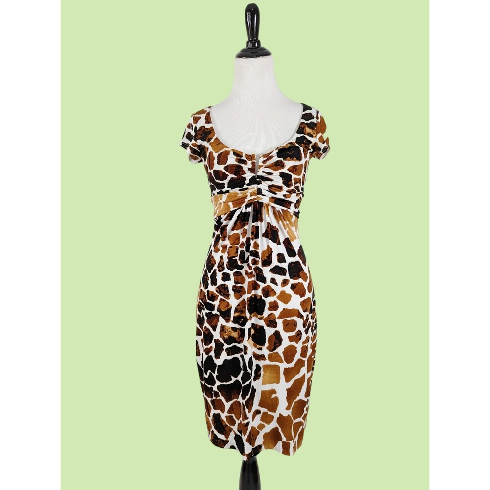 Cache Dress 4‎ Animal Print Rushed Padded V-Bust Cap Sleeve Stretch Lined
